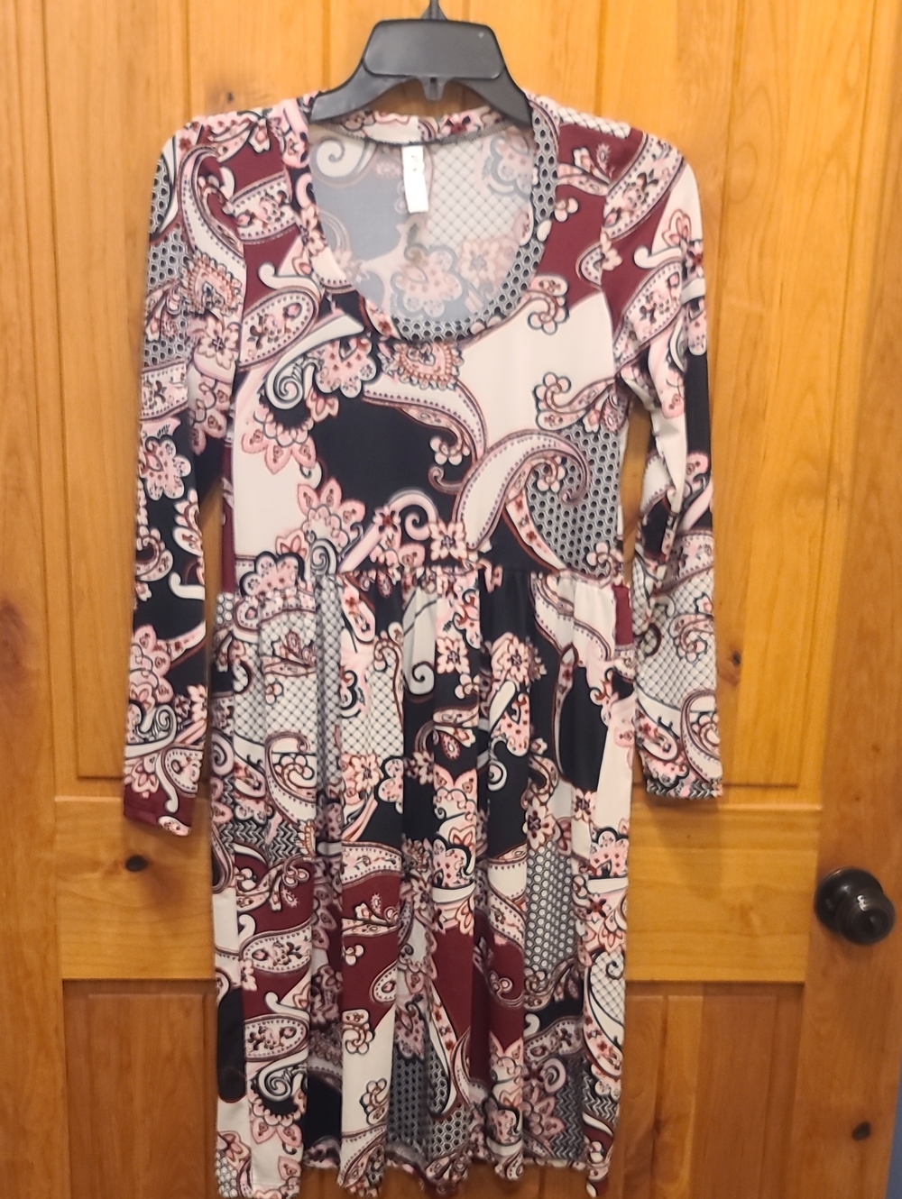 Seven7 Paisley Long Sleeve Fit-and-Flare Dress in Burgundy, Black, and Cream